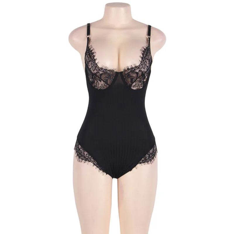 Subblime Queen Plus Teddy with Clear Straps and Fringes - Black