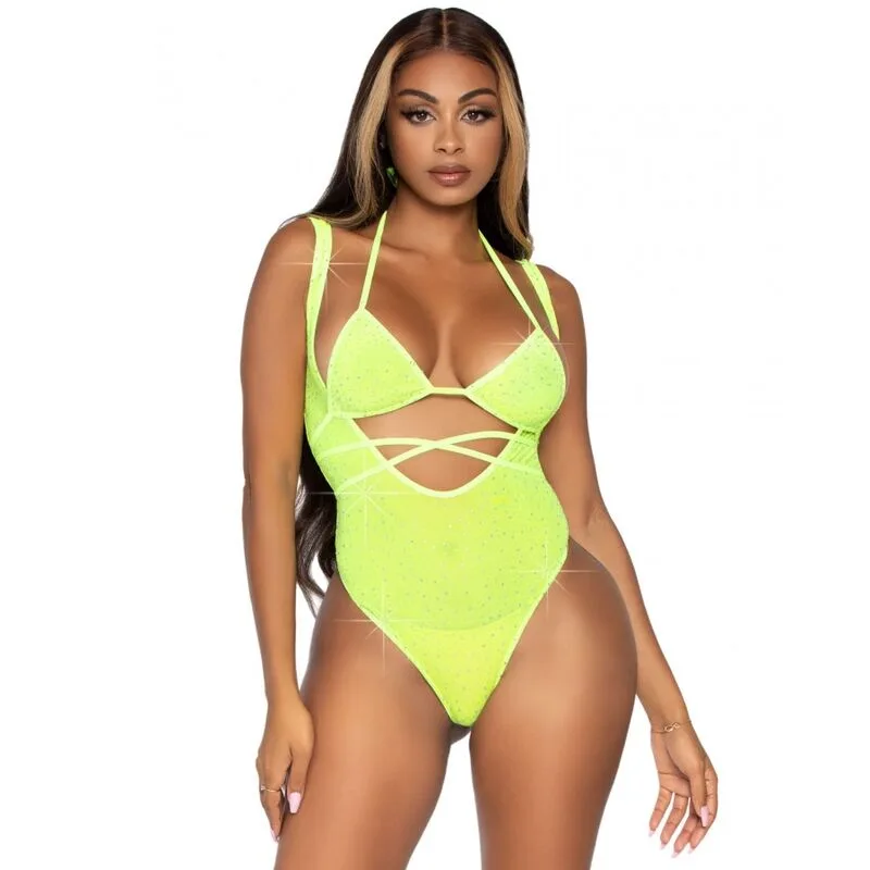Leg Avenue - Rhinestone Mesh Bikinitopp & Suspender Bodysuit Set, One Size