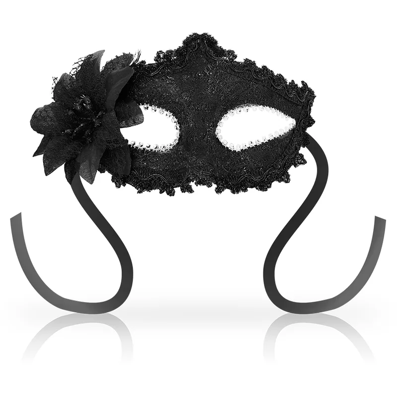Ohmama - Venetiansk Maskeradmask med Blomsterdetalj på Sidan - Svart