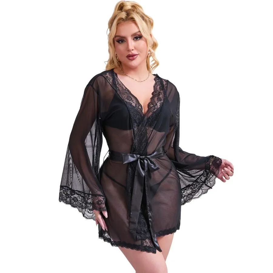 Subblime - Genomskinlig Robe med Spetsdetaljer | Svart | Storlek L/XL