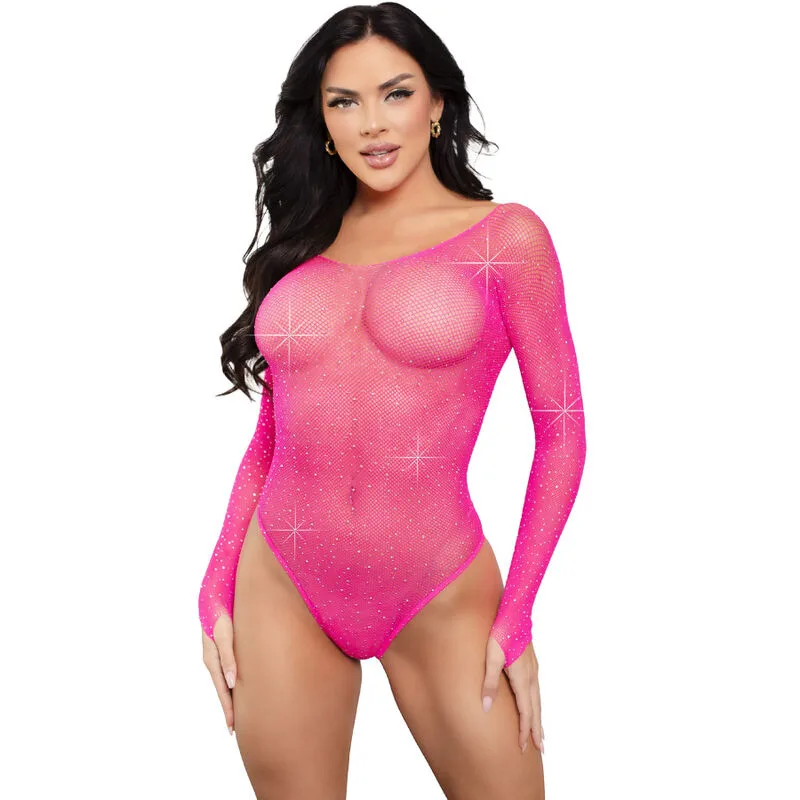 Leg Avenue - Crystalized långärmad rhinestone fishnet bodysuit i fuchsia