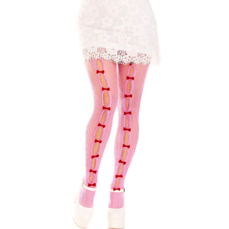 Leg Avenue - Hjärt- och rosett-utskurna fisknätsstrumpbyxor | Kawaii-inspirerade randiga strumpor, rosa