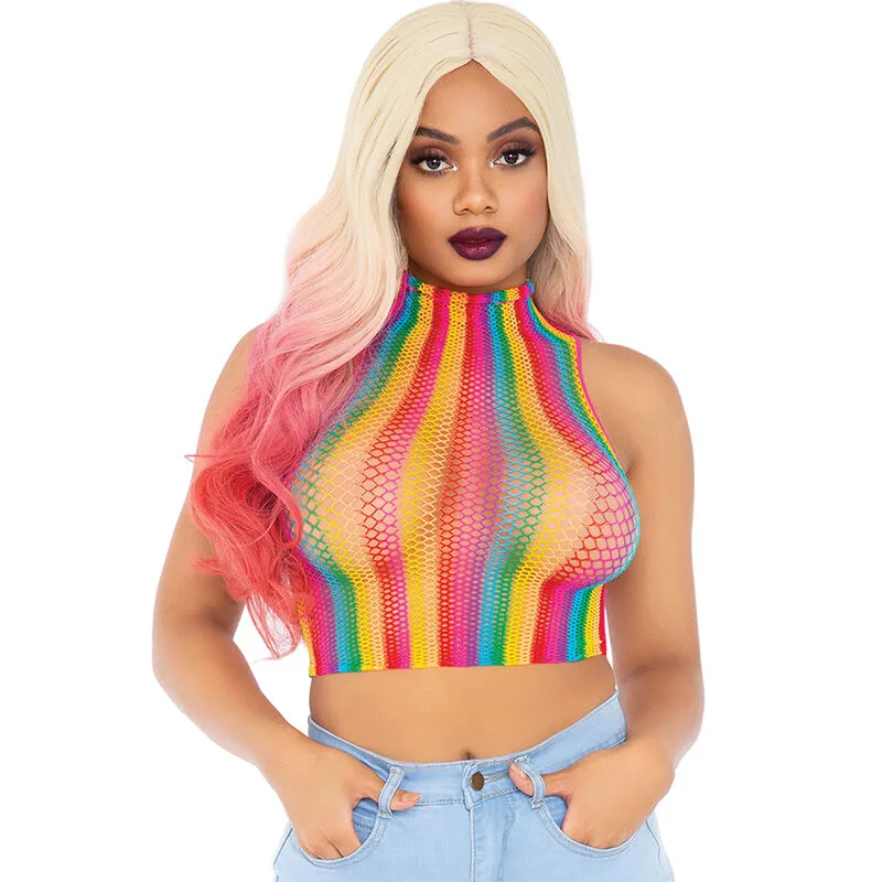 Leg Avenue - Regnbågsfärgad Flerfärgad Nät-Polotröja Crop Top