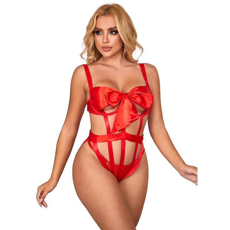 Subblime 954468 Openwork Lace Body with Bow Detail – Red – Size S/M