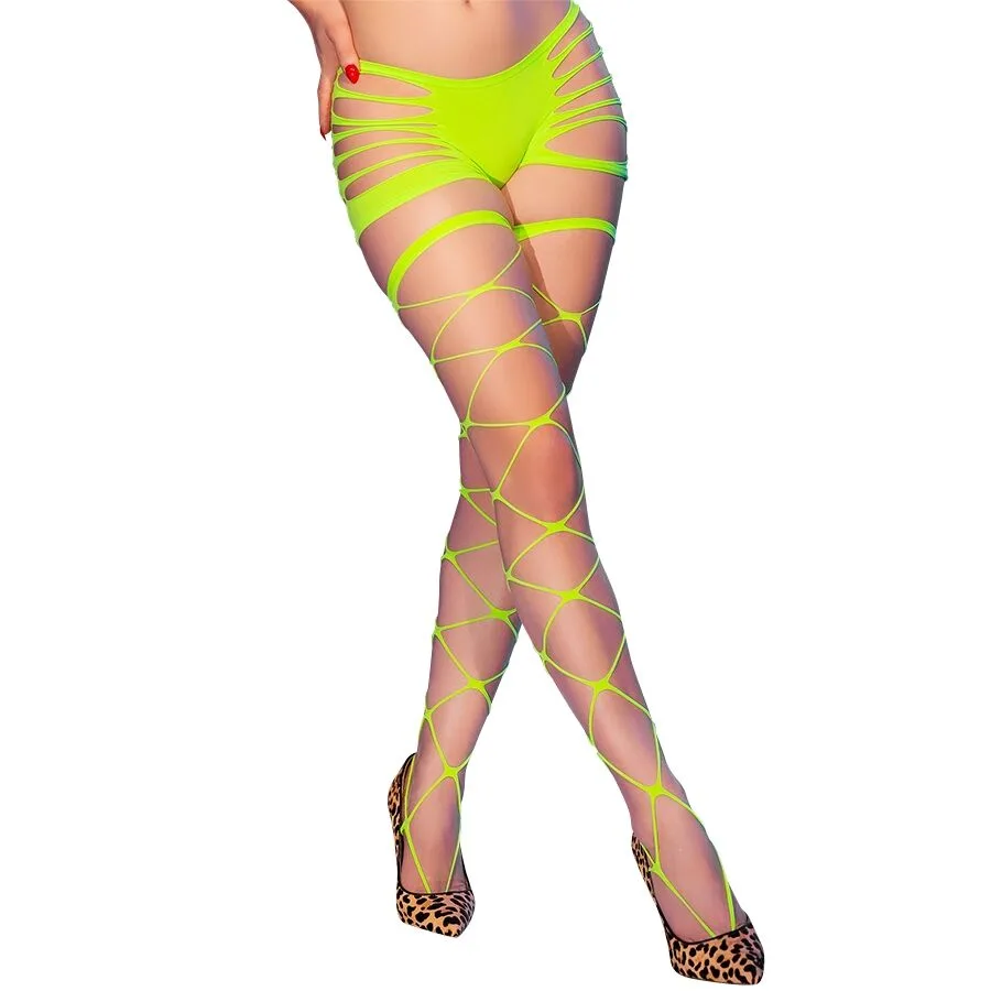 Chilirose CR 4867 Neongrön Fisknätsstrumpbyxa med Öppen Vävdetalj